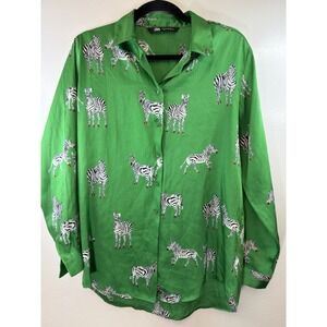ZARA Kelly Green Blouse W/zebra Print Size M Artsy Wearable Art